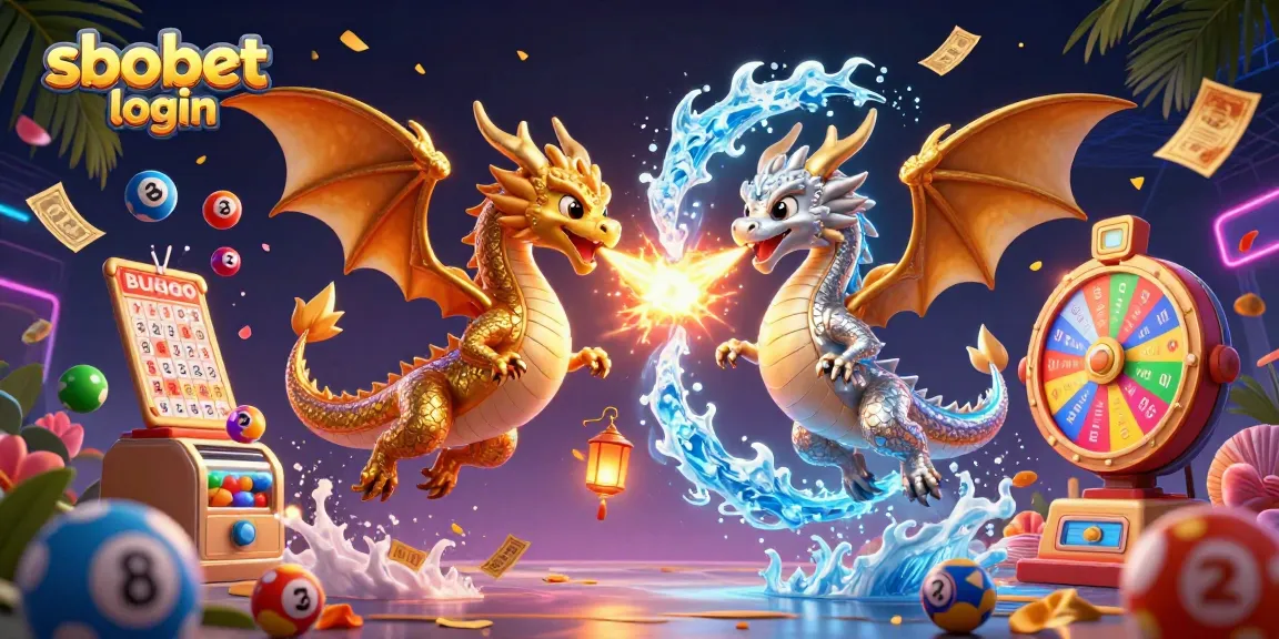 Engage in sbobet login with gold and silver dragons amid colorful lottery elements in a vibrant 3D scene.