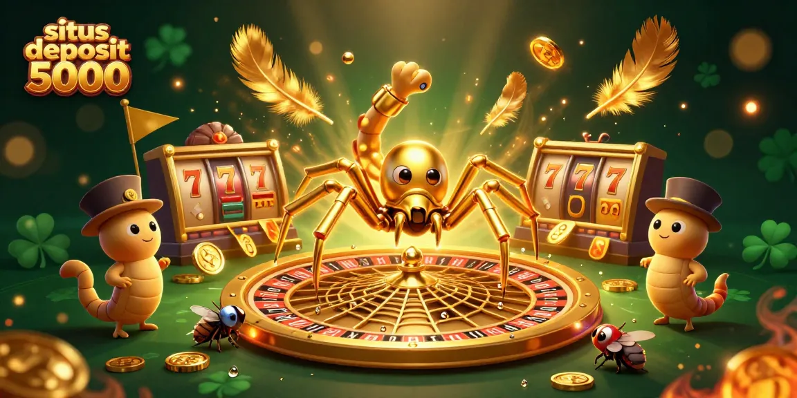 Engage with situs deposit 5000 as a golden spider spins a roulette wheel in a colorful casino scene