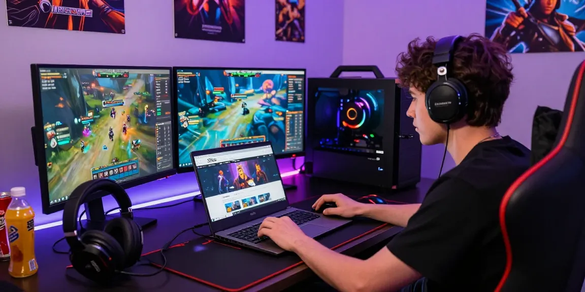 Situs LUXURY12, suasana gaming modern dengan pemain yang serius menggunakan laptop dengan aksesori gaming di sekitar.