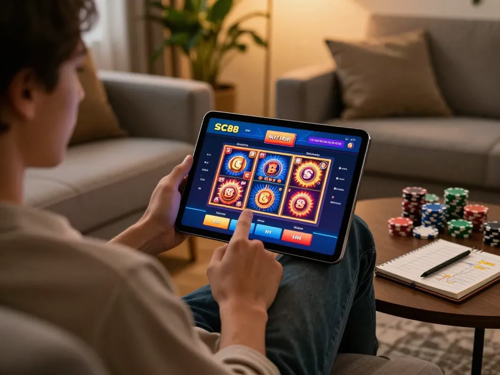 Engaging player enjoying SC88's online casino experience on tablet with strategy notes.
