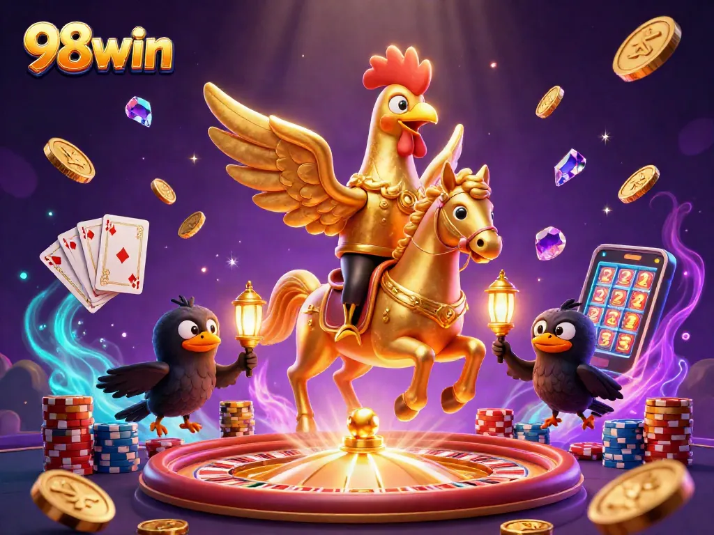 Experience the thrilling allure of 98win with a vibrant casino adventure featuring golden rooster heroes.