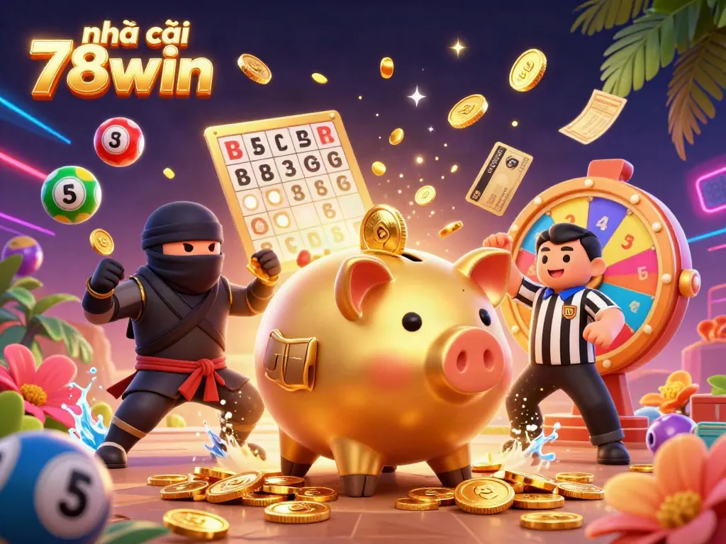 Engage with excitement at nhà cái 78win, where golden coins rain down in a dynamic lottery scene with vibrant elements.