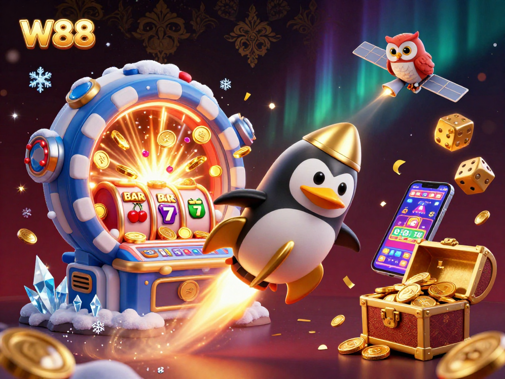 Experience thrilling casino action with W88's golden penguin racing through space towards a jackpot explosion.