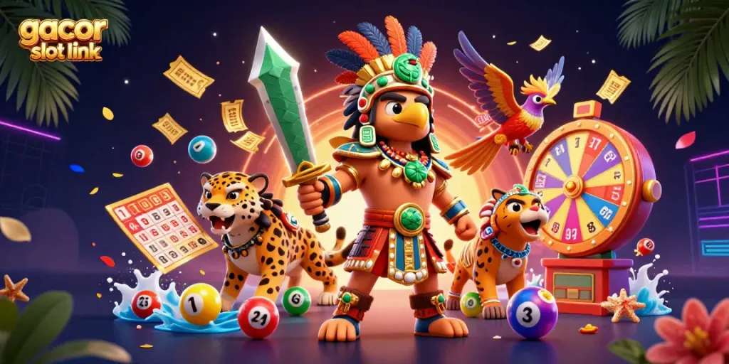 Experience excitement at gacor slot link with this vibrant 3D illustration of Aztec warriors amidst a jackpot atmosphere.
