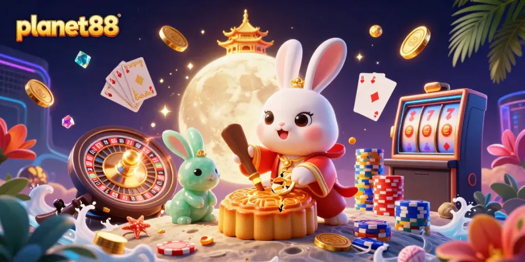Experience thrilling gaming at planet88 with vibrant characters, coins, and casino elements in an enchanting scene.