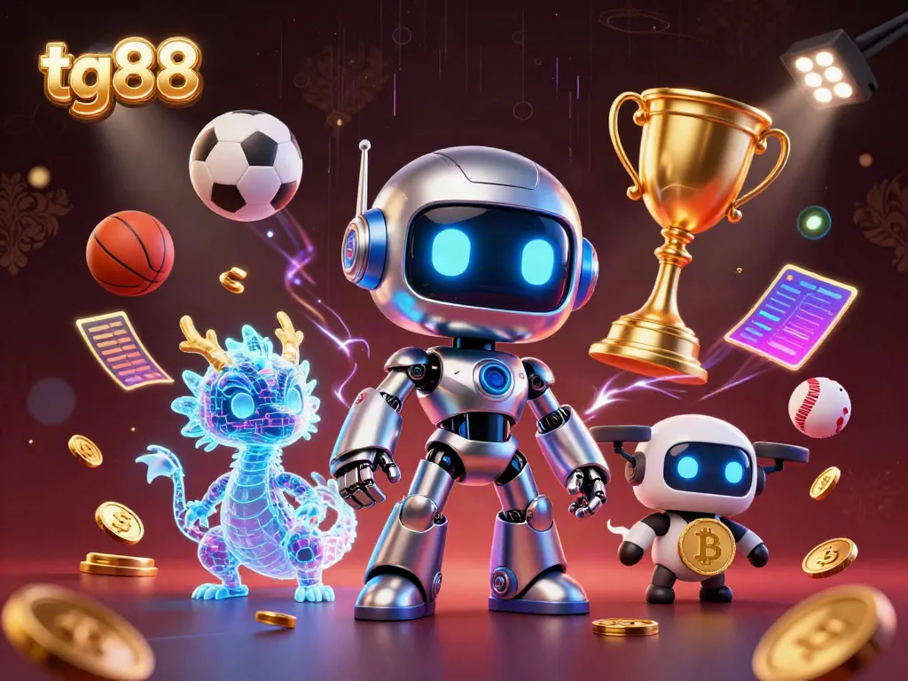 Engage with tg88 through vibrant casino-themed 3D illustration showcasing dynamic sports elements and characters.