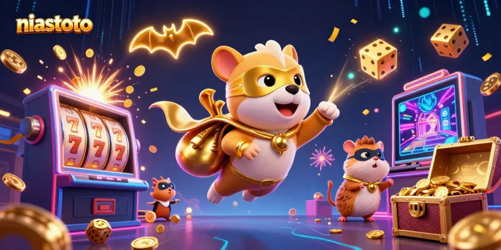 Spin the reels with niastoto's superhero dog and hamster, bursting with gold and jackpots!