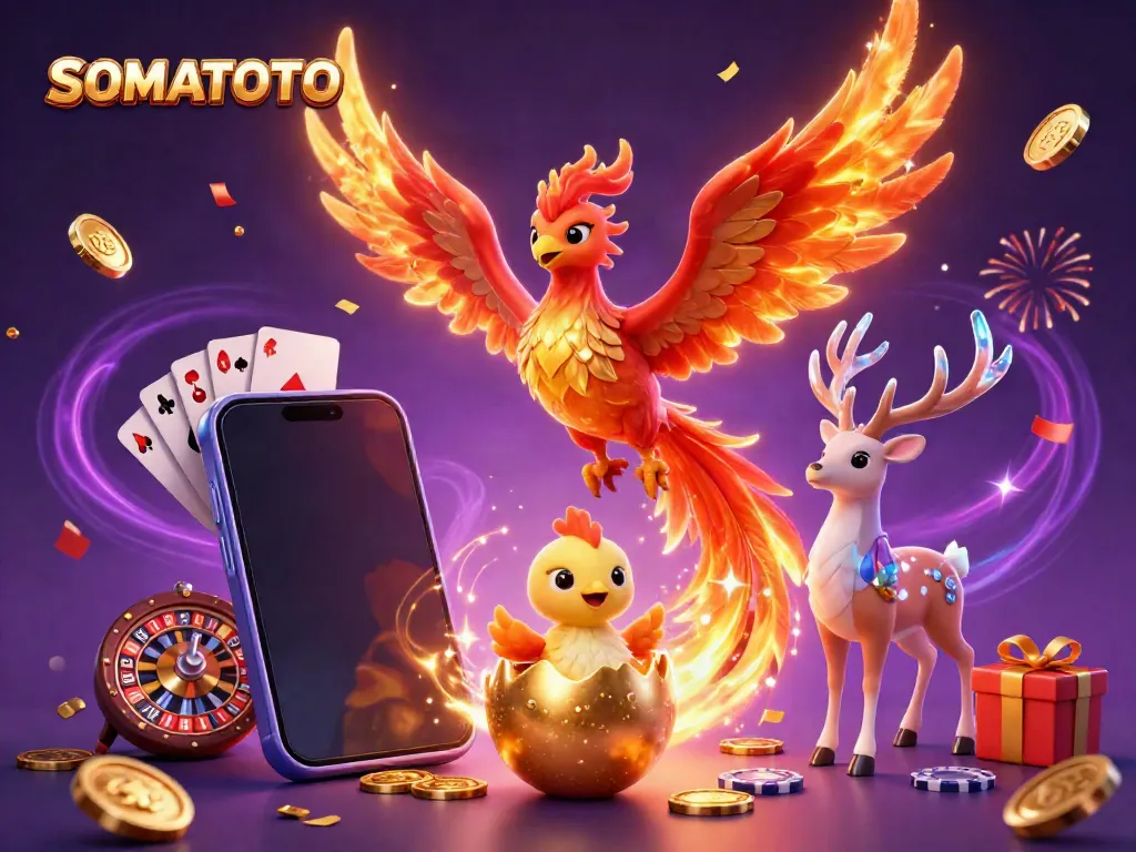 Experience the thrill of SOMATOTO with vibrant slot games and magical phoenix imagery.
