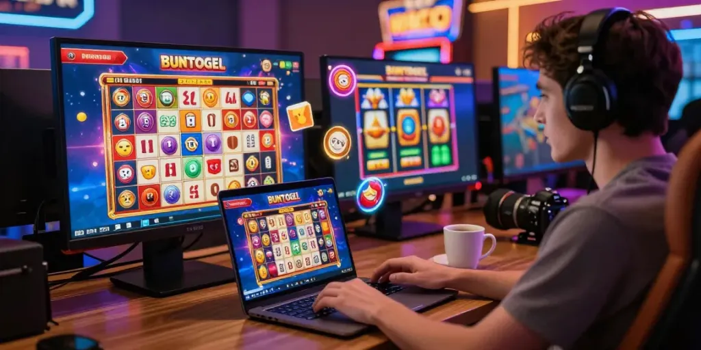 Pengguna BUNTOGEL terlibat dalam platform judi online dengan suasana ceria.