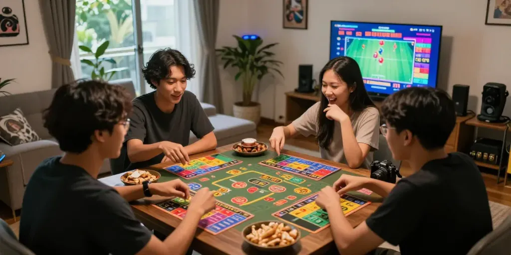Ratu Togel: Teman-teman bersenang-senang dalam permainan sambil menganalisis hasil di ruang tamu yang nyaman.