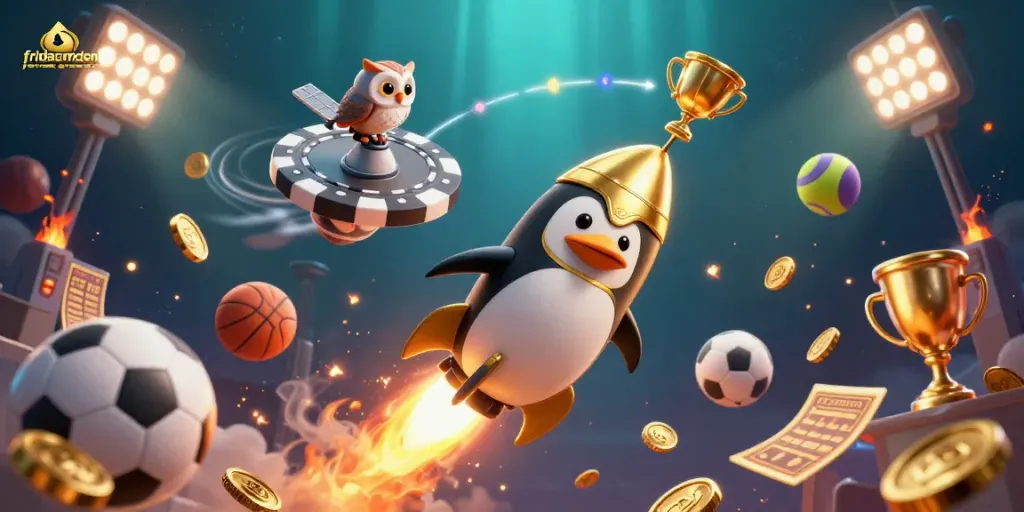 Experience fridacamden's thrilling atmosphere with a golden penguin in action amidst a vibrant casino scene filled with sports elements.