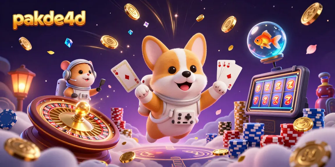 Experience thrilling gaming with pakde4d: cartoon corgi in a space casino surrounded by vibrant elements.