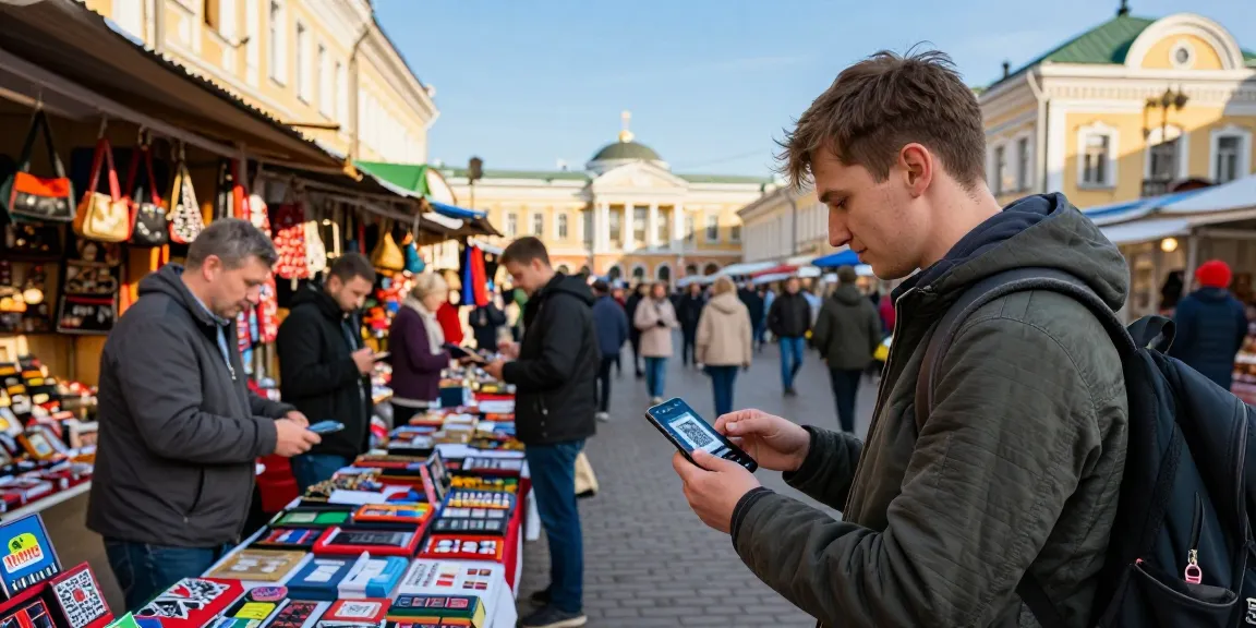 Seorang pelancong menggunakan https://payinrussia.com/ untuk membayar di pasar Rusia yang ramai.