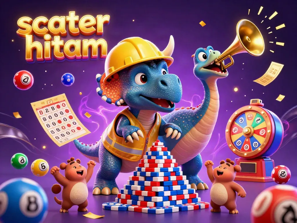 Permainan scatter hitam dengan karakter kartun dino, chip poker, dan bola lotere, meriah dalam 3D.
