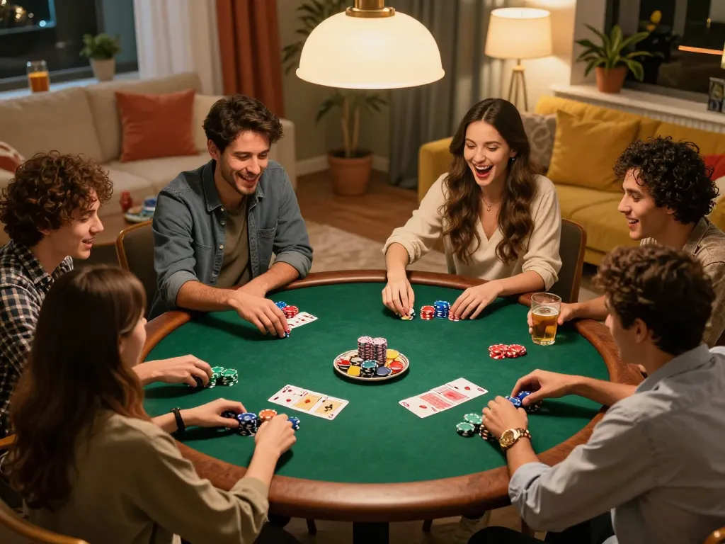Friends enjoying an intense poker game at home, showcasing a strategic betting moment with fabet atmosphere.