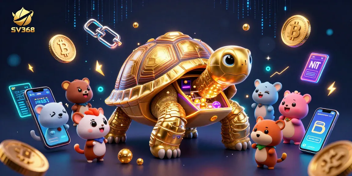 Experience exhilarating gaming at SV368 with a colossal tortoise pinball machine surrounded by vibrant crypto elements.