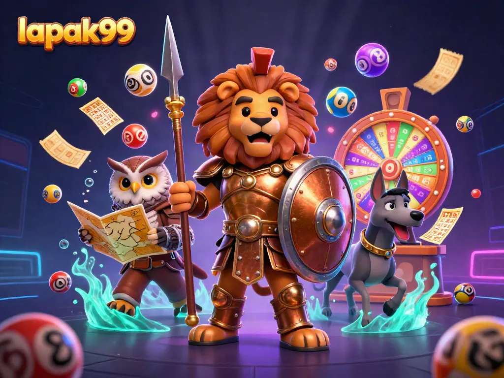 Engage with the vibrant lapak99 scene featuring a Spartan lion and dynamic lottery elements.
