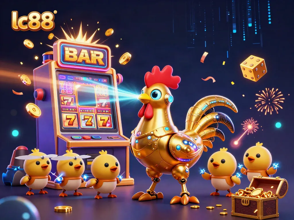 Experience the thrilling action of lc88 with a golden rooster robot and casino elements exploding in vibrant fun.