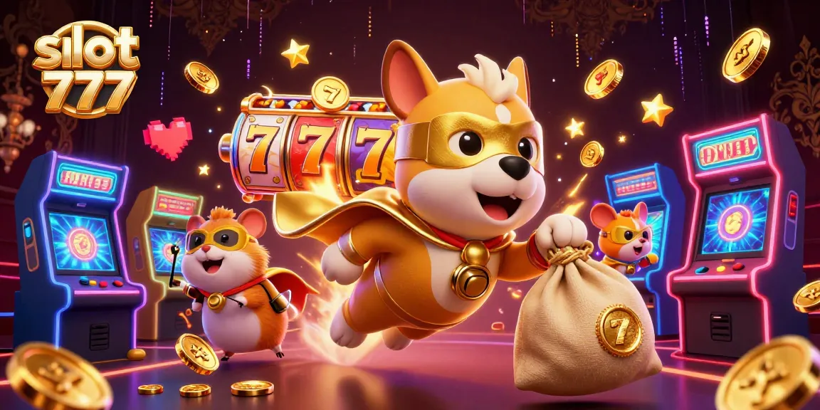 Spin the slot 777 reels with excitement alongside a superhero dog and a hamster in this vibrant casino scene.