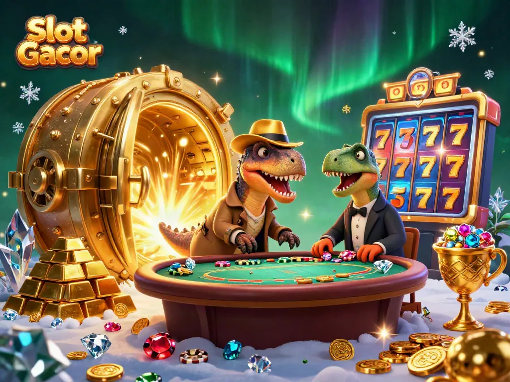 Slot Gacor yang menampilkan velociraptor dan stegosaurus di kasino dengan chip dan slot