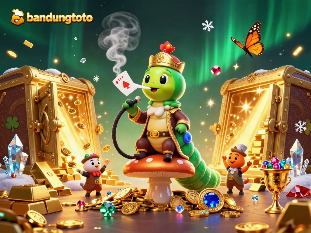 Experience thrilling gameplay at bandungtoto, featuring a whimsical caterpillar hookah-master in a vibrant casino scene.