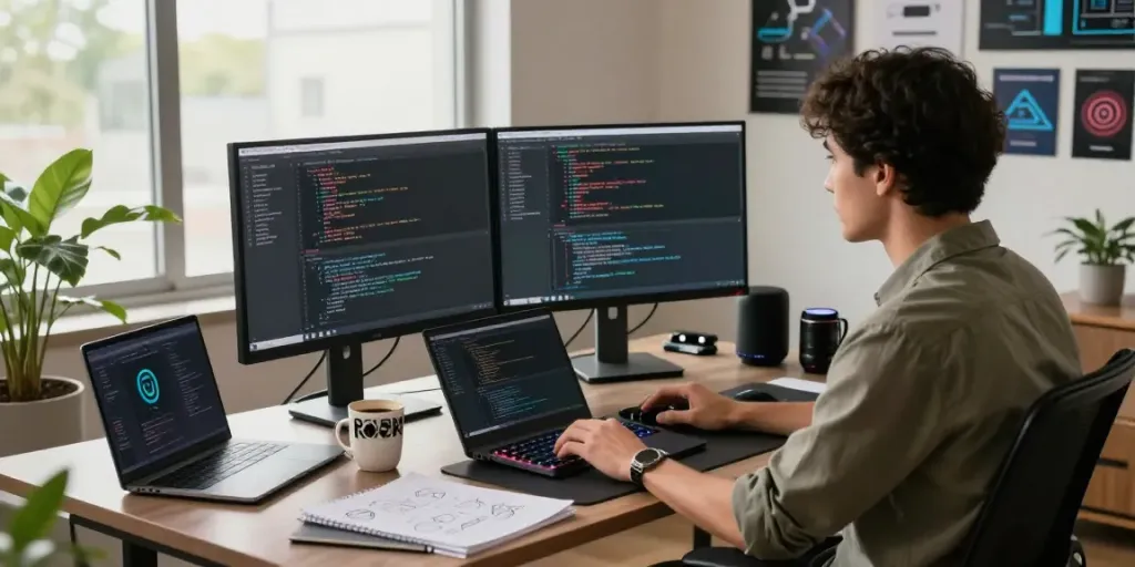 Creative professional coding in a modern workspace, highlighting jebol wd technology tools and inspiration.