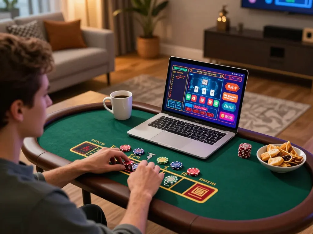 Engaging live dealer blackjack gameplay on laptop by bj88bj in a cozy home setting with snacks and personalized decor.