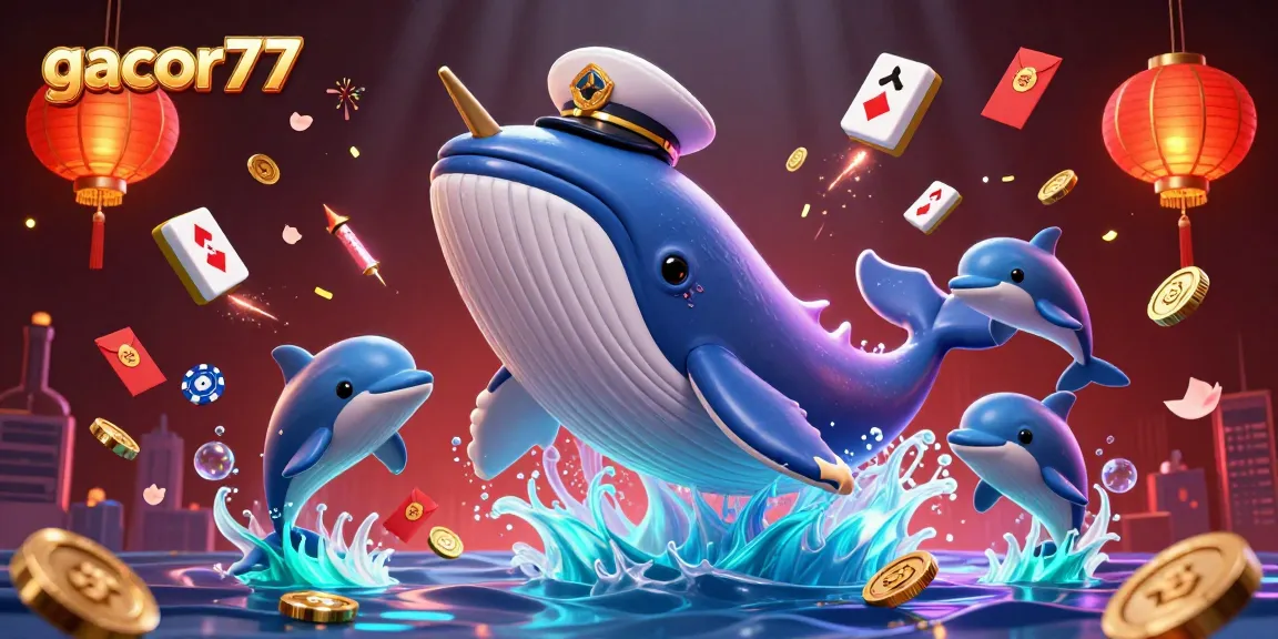 Gacor77 membawa keseruan dengan ikan paus 3D berkapten, dikelilingi koin dan chip poker yang beraksi.