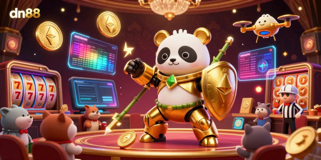 Experience the excitement of dn88's casino arena with a vibrant mech-suit panda and engaging game elements.
