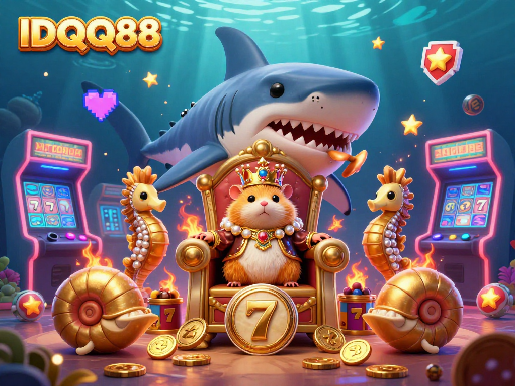 Spin the reels at IDQQ88 with a golden hamster king ruling over a vibrant casino adventure.
