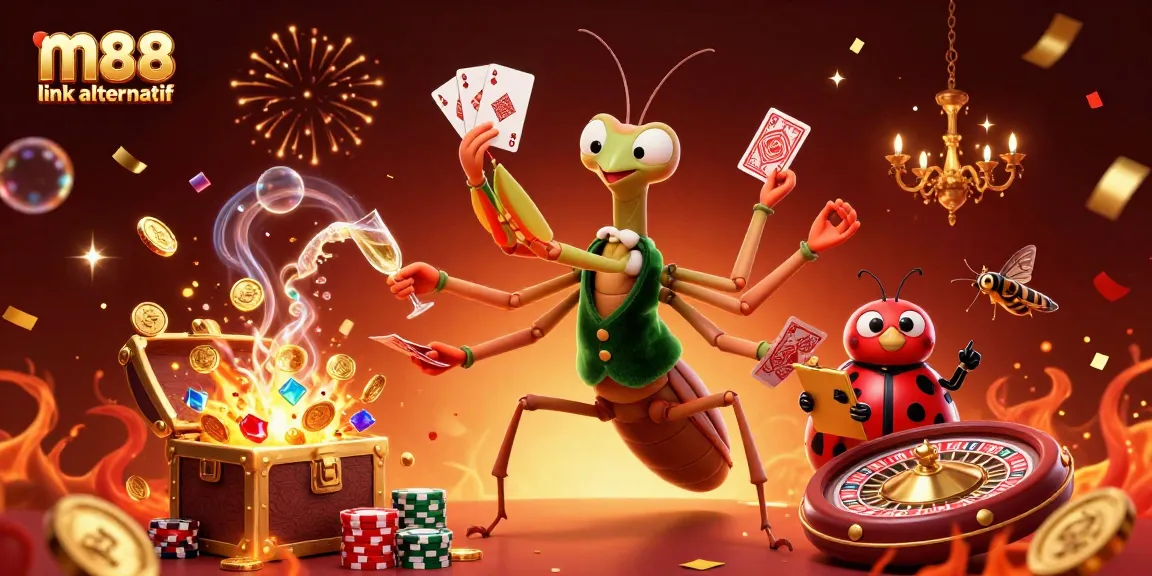 Experience action with m88 link alternatif as vibrant casino characters dominate a festive casino scene.