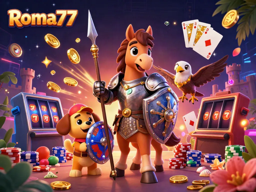 Experience exciting wins at Roma77 with knight, squire puppy, and falcon amidst cascading gold coins.