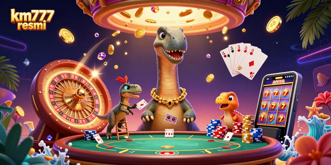 Experience excitement at km777 resmi, where a massive brontosaurus oversees thrilling casino games and vibrant action.