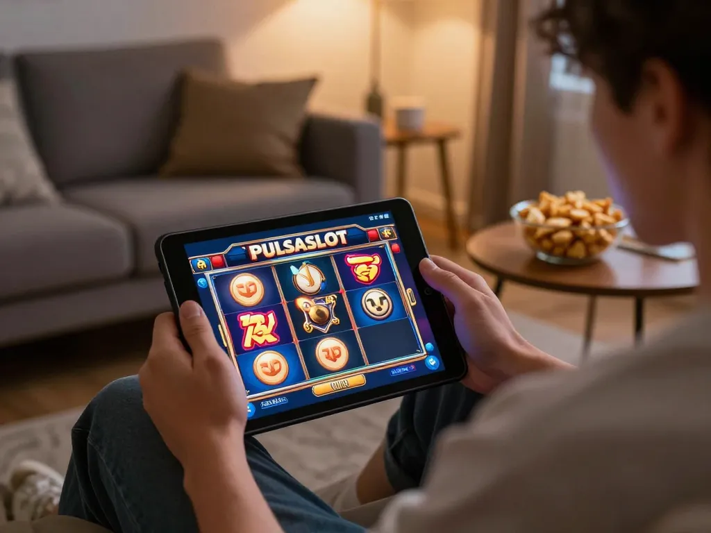 PULSASLOT player engaging with vibrant slot games on tablet in cozy home setting.