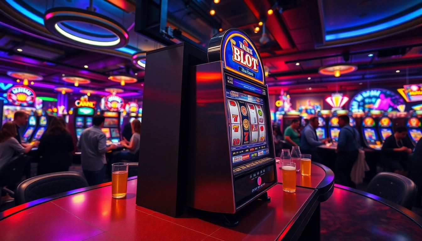 Menangkan slot di kasino dengan mesin berkilau dan pemain yang bersemangat.