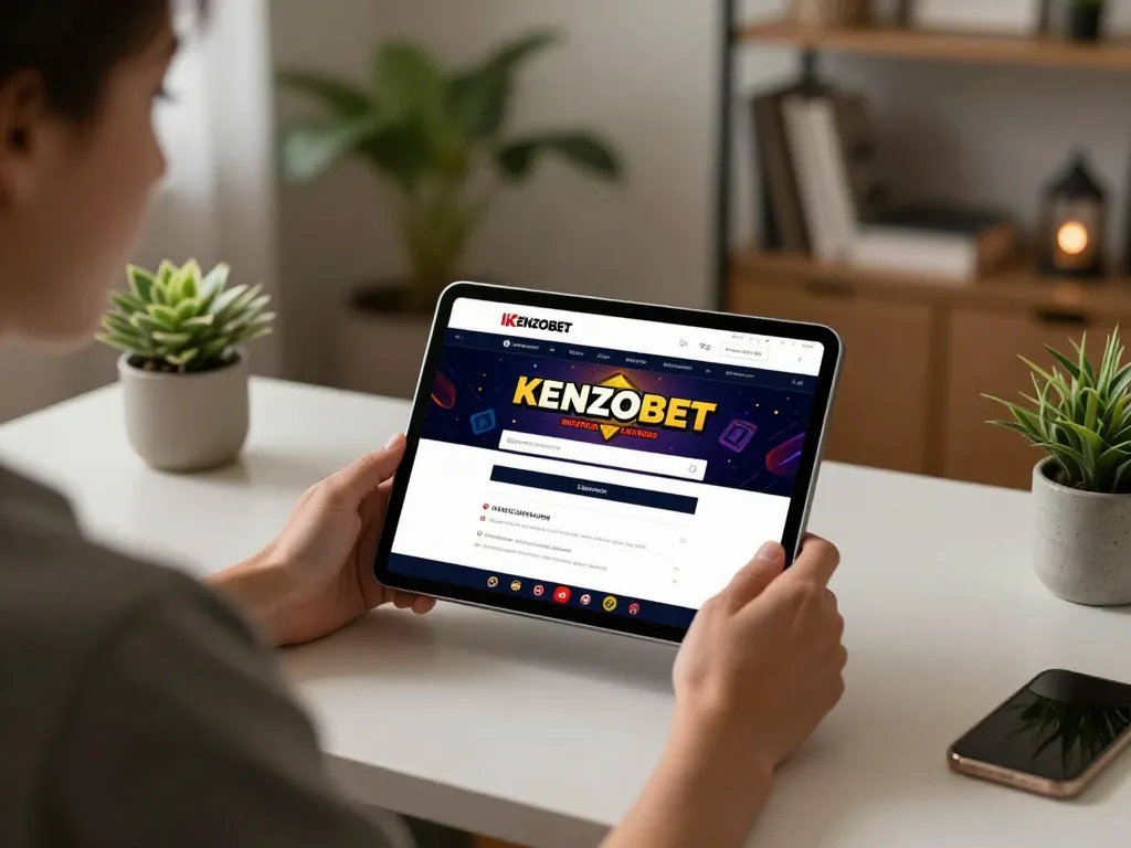 Engaging in KENZOBET login on a tablet, showing an online gaming atmosphere in a stylish home space.