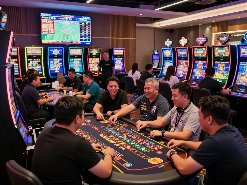 Exciting gaming lounge scene at Seributoto with patrons engaged in betting activities.