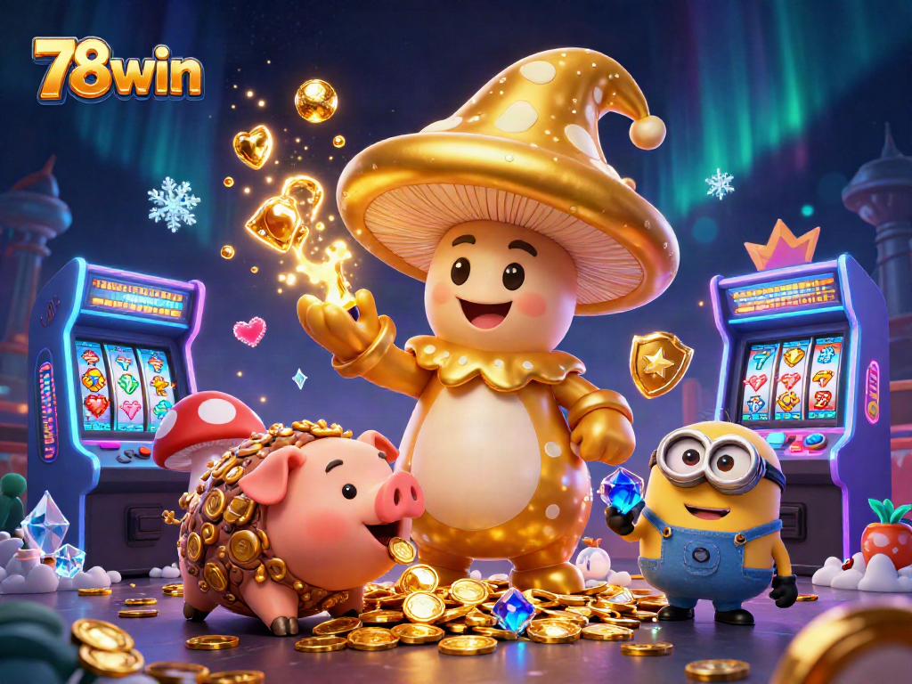 Experience the magic of 78win with a wizard and treasure in this colorful casino scene.