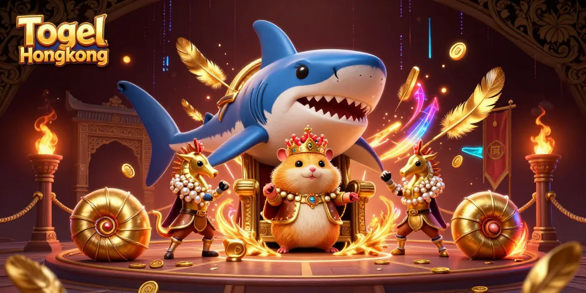 Togel Hongkong displays engaging 3D cartoon illustration of a golden hamster king and seahorse guards amidst gambling elements.