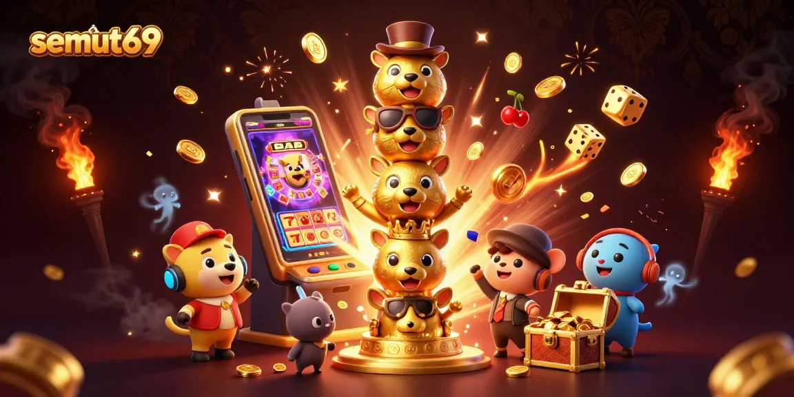 Semut69 menampilkan jackpot yang megah dengan confetti dan cahaya yang menyinari mesin slot.