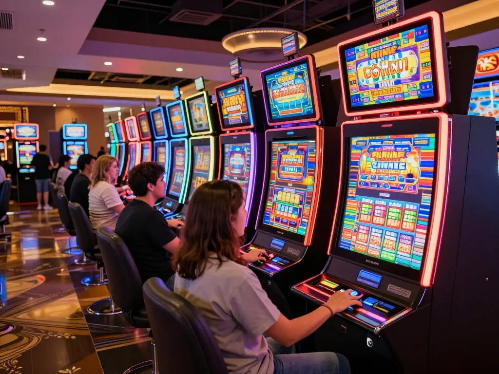 Players enjoying exciting slot games with colorful machines and vibrant atmosphere.