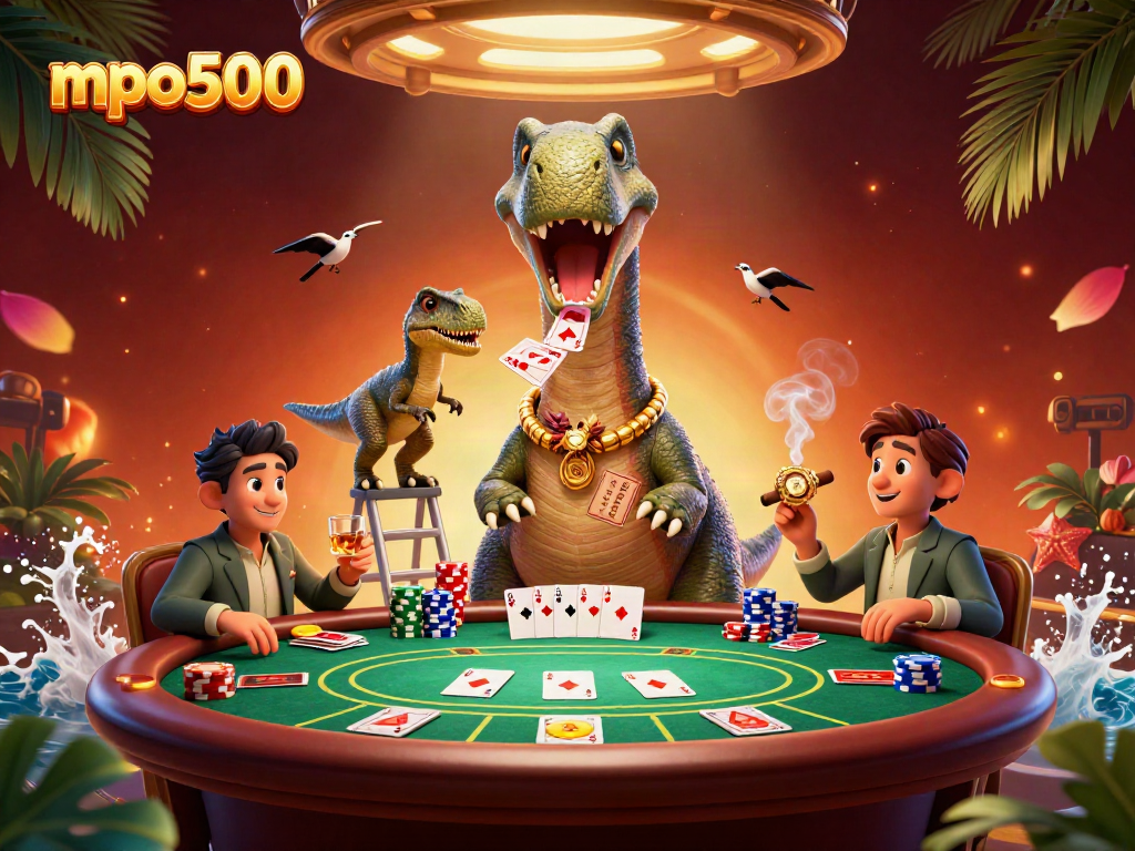 Mpo500 melihat dinosaur 3D di kasino dengan meja poker dan tumpukan chip menarik perhatian pemain.