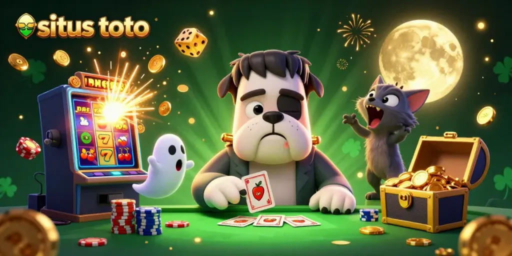 Experience the thrill of situs toto with a lively 3D casino illustration featuring fun characters and gaming elements.