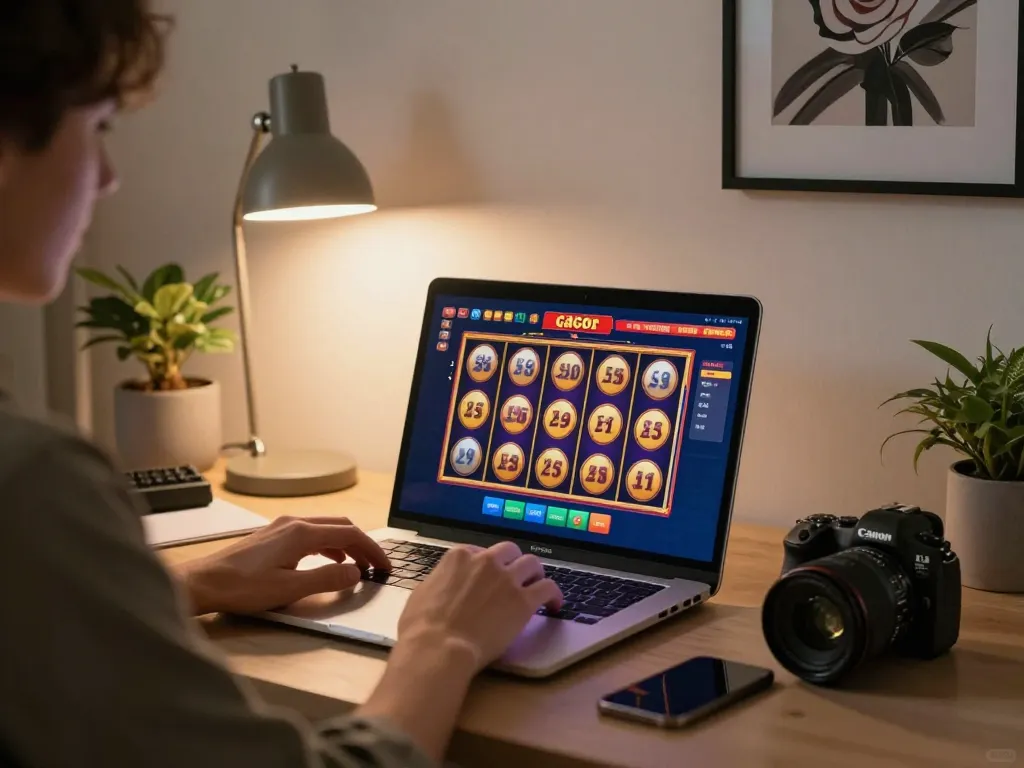 Engaging moment of online slot gacor gameplay on a stylish laptop at home, with vibrant game interface visible