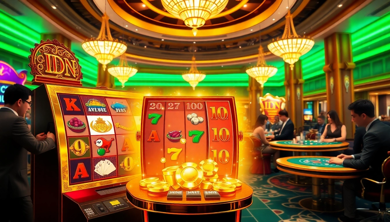 Winning on an idn slot machine at a luxurious casino, showcasing vibrant reels and excited gamblers.