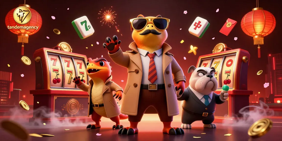 Tandemagency shows raptors in a trench coat entering a casino drive with spinning slots and lucky symbols.