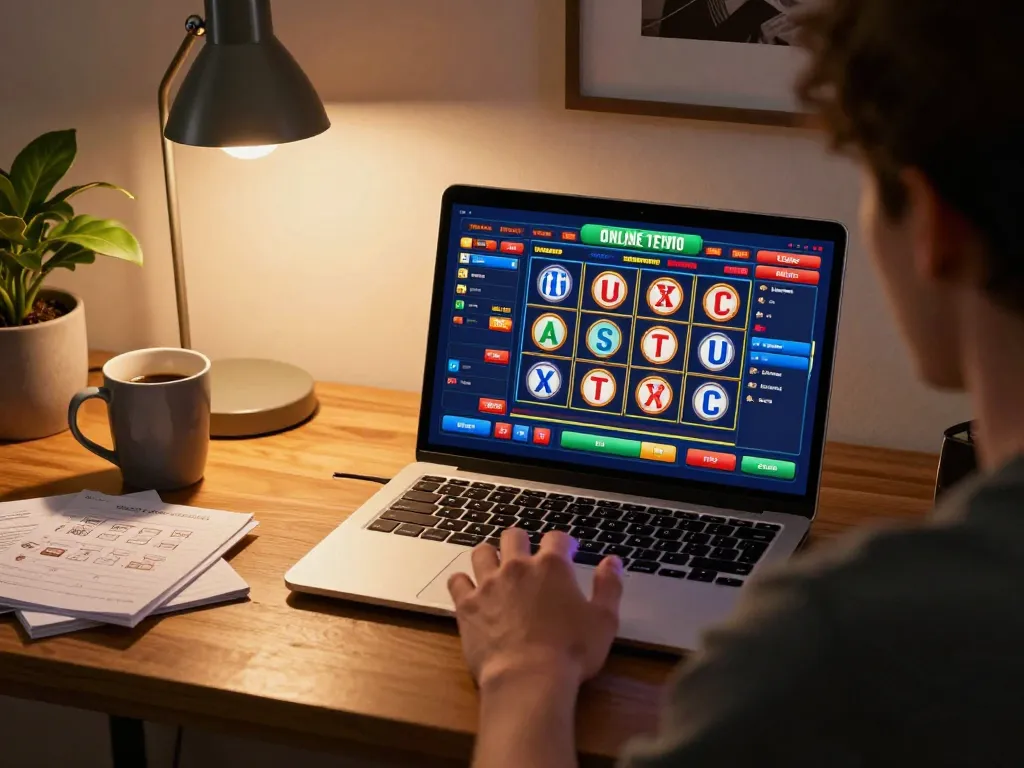 Player engaging with online toto slots on laptop while analyzing strategies