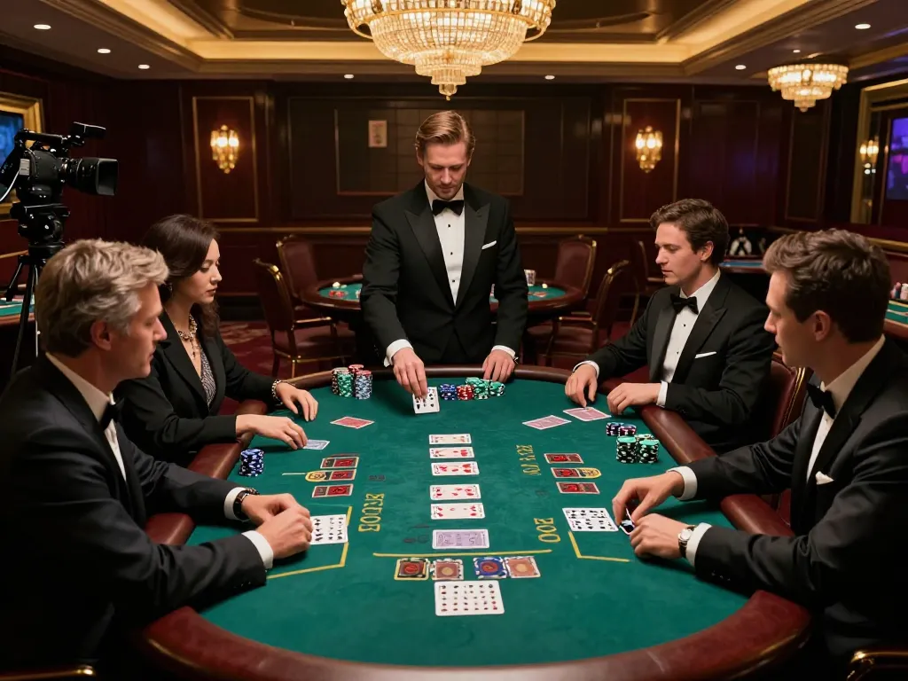 Experience the excitement of alfa 138 blackjack with players and dealer in a luxurious casino.