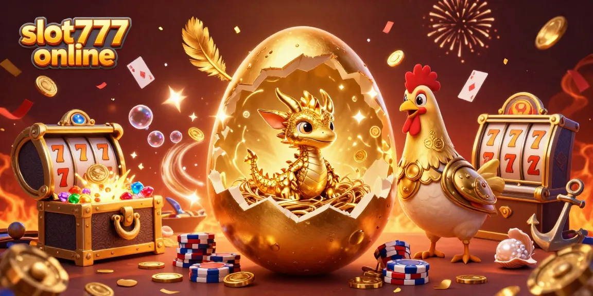 Mainkan slot777 online pada ilustrasi dengan naga emas dan chip poker di latar belakang kasino yang elegan.