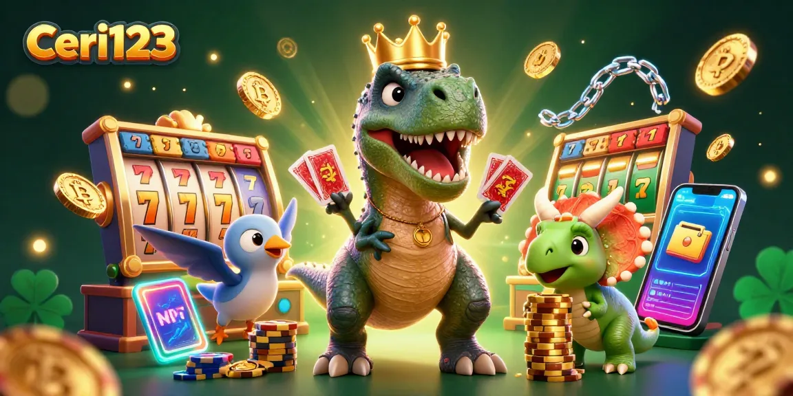 Ceri123 showcases a vibrant casino scene with a T-Rex shuffling cards, a pterodactyl assisting, and jackpot excitement around them.